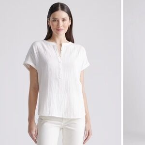 Quince Organic Cotton Roll Sleeve Gauze White Textured Blouse